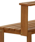 Close-up of Tioman Outdoor Potting Bench in natural hardwood with slatted shelves, ideal for small patios and balconies.