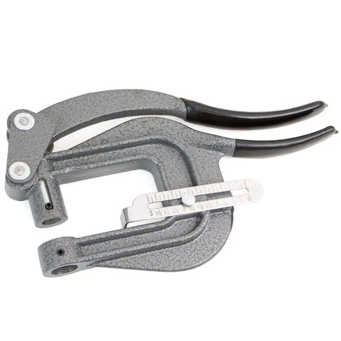 Deep Throat Sheet Metal Rivet Hole Punch Kit with handheld tool, visible in gray metal with black handles and die size gauge.