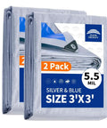 3x3 Ft Waterproof Tarp Pack Of 2, 5.5 Mil Thick Polyethylene Multipurpose Camping Tarpaulin Silver Blue Finish packaging