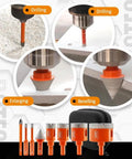 Diamond Core Drill Bit Kit For Porcelain Tile Ceramic Marble Brick 8 Piece Triangle Shank Set with chamfer and tip bits.