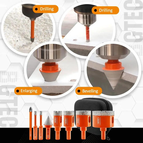 Diamond Core Drill Bit Kit For Porcelain Tile Ceramic Marble Brick 8 Piece Triangle Shank Set with chamfer and tip bits.