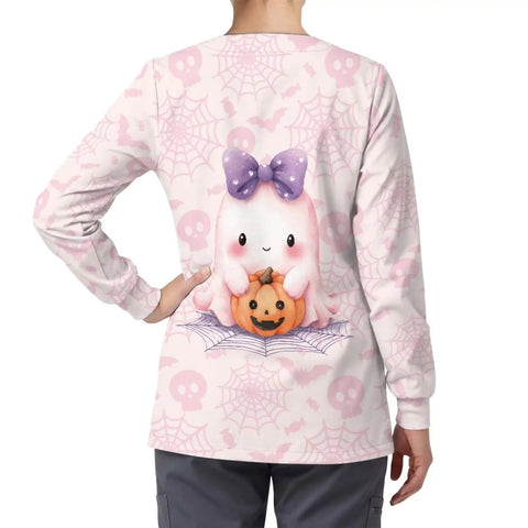 Back view of Pink Ghost Moisture Wicking Scrub Jacket For Women With Pockets Snap Front For Quick On Off Relaxed Straight Fit