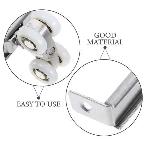 Close-up of wheels and track from the Top Notch Two Piece Stainless Steel Barn Door Roller Hardware for easy installation.