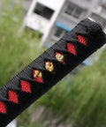Close-up of DIY Katana Handle Kit Tsuka 10.2 Inch With Alloy Copper Iron Fittings and red faux Samegawa texture.