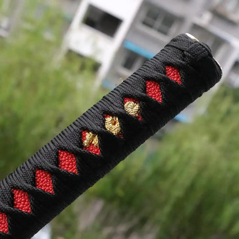 Close-up of DIY Katana Handle Kit Tsuka 10.2 Inch With Alloy Copper Iron Fittings and red faux Samegawa texture.