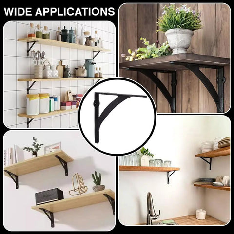 Collage showing 4 Pack Black Wall Mounted Shelf Brackets Beefy Iron Heavy Duty Triangular Curved Design in various decor settings.