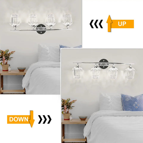 4-Light LED Vanity Light With Crystal Wall Sconces And Acrylic Shade For Bathroom Over Mirror, White Chrome Finish