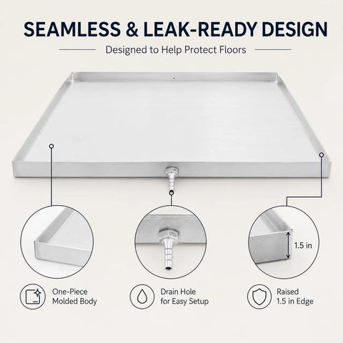 Heavy Duty 30x30x1.5 Inch Stainless Steel Washing Machine Pan With Drain Hole, 304 stainless drip tray with seamless design