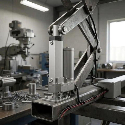 Heavy Duty 12V DC Linear Actuator Serving A Rock Solid 900 Newtons Of No Sweat Push Pull Movement With Waterproof Aluminum Housing And Mounting Brackets For Smooth Small Automation Builds in a workshop setting.