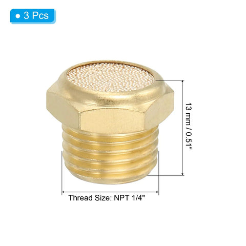 Brass Pneumatic Exhaust Muffler Kit With One Quarter Inch NPT, Three Pieces, showing flat sintered air breather vent filter.