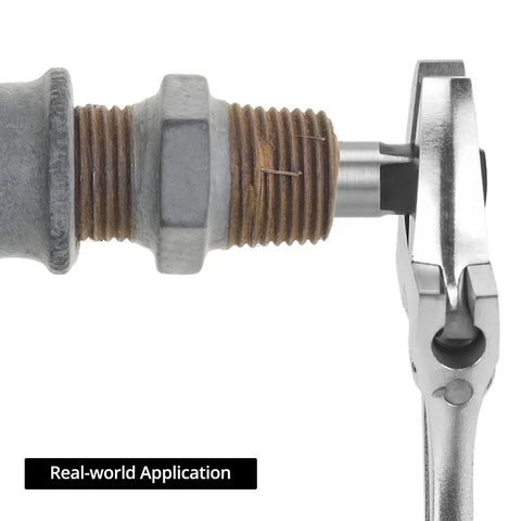 Eight Piece Water Pipe Screw Extractor Set For Damaged Screws And Bolts Alloy Steel Construction Rustproof And Heat Treated Pro Grade Plumbing Kit With Sizes One Through Eight For Quick DIY Repairs, installed on a damaged pipe bolt.
