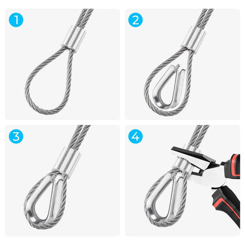 One Eighth Inch Wire Cable 100 Feet Marine Grade Stainless Steel Rope With Loop Sleeve And Steel Thimble assembly steps