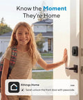 Girl using Ubolt Dope WiFi Smart Lock With Door Sensor And Built In Keypad Deadbolt For Front Door Remote Control Auto Lock Compatible With Alexa Google SmartThings Easy Install Matte Black during daytime.