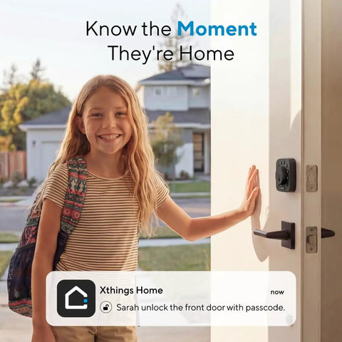 Girl using Ubolt Dope WiFi Smart Lock With Door Sensor And Built In Keypad Deadbolt For Front Door Remote Control Auto Lock Compatible With Alexa Google SmartThings Easy Install Matte Black during daytime.