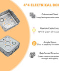 Heavy Duty Galvanized Steel 4X4 Square Junction Boxes With Cover Four Pack Pro Grade Metal Electrical Wiring Enclosures Featuring Multiple Knockouts, showing interior view.