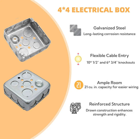 Heavy Duty Galvanized Steel 4X4 Square Junction Boxes With Cover Four Pack Pro Grade Metal Electrical Wiring Enclosures Featuring Multiple Knockouts, showing interior view.