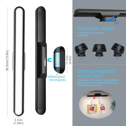 Dimmable Touch And Remote Light Bar With Built In 2000mAh Battery And Magnetic Stick Mount showing rotation angles and magnetic base.