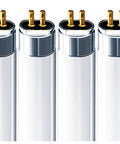 Close-up of 4 pack 21 Watt T5 fluorescent tubes, 6500K daylight, showing bipin ends, 2000 Lumens ideal for home and office lighting.