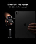 Hella Compact 10000 Mah Pocket Power Bank With Blazing 45W Fast Charging For Smartphones And Tablets beside iPad, showing size and features.