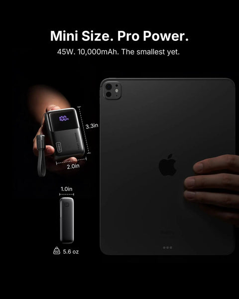 Hella Compact 10000 Mah Pocket Power Bank With Blazing 45W Fast Charging For Smartphones And Tablets beside iPad, showing size and features.