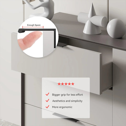 Black 5 Inch Edge Finger Cabinet Pull on white drawer with ergonomic design, aluminum alloy, set of 10 for kitchen cabinets and furniture doors.
