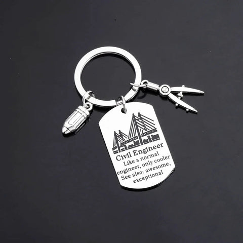 Civil Engineer Keychain Gift For Builders Funny Dog Tag Pendant Like A Normal Engineer Only Cooler Boss Level Engineer Gift For Him Or Her Construction Office Accessory, featuring engraved pendant with charms.