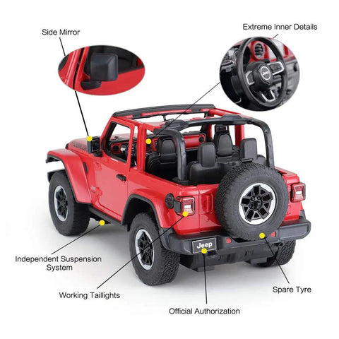 Off Road RC Jeep Wrangler JL 1 To 14 Scale Toy Car with Realistic Doors, Spring Suspension, LED Lights, and 2.4GHz Remote Control
