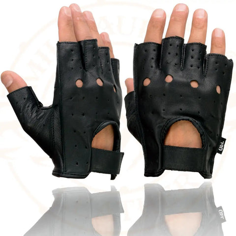 Men's Black Perforated Leather Motorcycle Gloves With Gel Padded Palm, Fingerless Open Knuckle, Great Grip And Vibration Reduction For Riding, SH195, Extra Large shown on hands