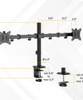 Heavy Duty Dual Monitor Arm Desk Mount For Two Screens 13 To 32 Inches Vesa Compatible swivel stand measurements and features diagram.