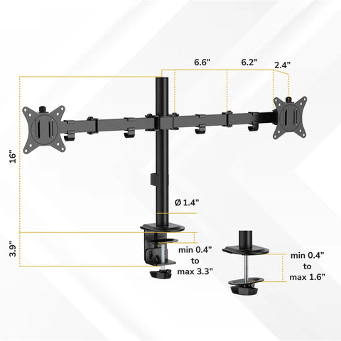 Heavy Duty Dual Monitor Arm Desk Mount For Two Screens 13 To 32 Inches Vesa Compatible swivel stand measurements and features diagram.