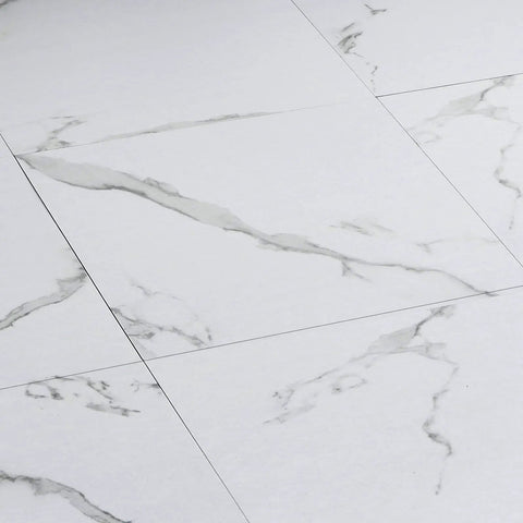 Close-up view of 30 Pack White Vinyl Peel And Stick Floor Tiles 12x12 Inch Thick Self Adhesive Marble Look Waterproof Flooring