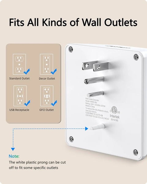 Back view of Six Outlet USB Wall Tap Surge Protector Three Sided Wide Spaced AC Power Strip showing outlet types compatibility chart.