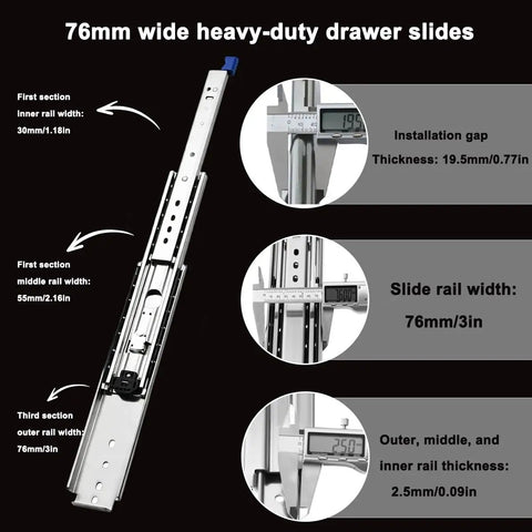 76mm Heavy Duty Ball Bearing Drawer Slides Full Extension For Truck Cabinets With Auto Locking Mechanism To Prevent Drawer Drift During Travel Secure Tool Storage For Work Trucks And RVs, 76mm steel slide width
