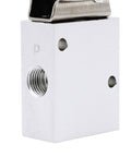 Side view of a Red Latching Mushroom Style Push Button One Quarter Inch NPT Pneumatic Control Valve 3 Way 2 Position Emergency Actuator