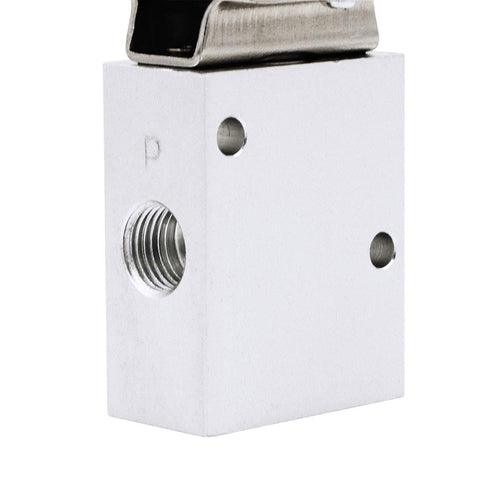 Side view of a Red Latching Mushroom Style Push Button One Quarter Inch NPT Pneumatic Control Valve 3 Way 2 Position Emergency Actuator
