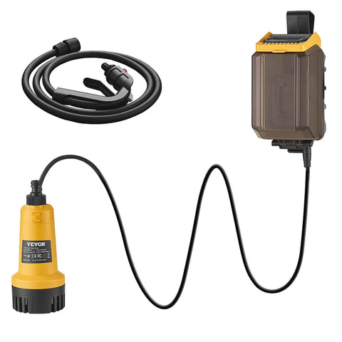Cordless Submersible Water Transfer Pump With 528 GPH Flow, hose and power pack, compatible with Dewalt 20V Max Battery.