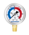MeasureMan 2-in glycerin-filled pool filter pressure gauge, front, stainless steel case, 0–60 psi, 1/4 in. NPT lower mount