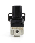 Adjustable Air Pressure Regulator 1 by 8 NPT Female Thread With Gauge and Bracket 0 to 150 PSI Built Tough Aluminum Alloy Body 550 LPM Flow Easy Rotary Knob Operation, front view