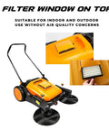 Heavy Duty 38 Inch Walk Behind Floor Sweeper With Triple Brush Setup And Twelve Gallon Hopper showing filter window for easy maintenance.