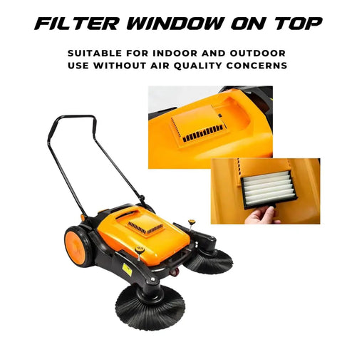 Heavy Duty 38 Inch Walk Behind Floor Sweeper With Triple Brush Setup And Twelve Gallon Hopper showing filter window for easy maintenance.