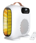 Portable Indoor Space Heater With Remote And LED Display, showing glowing heating element and 12H timer. White, horizontal position.