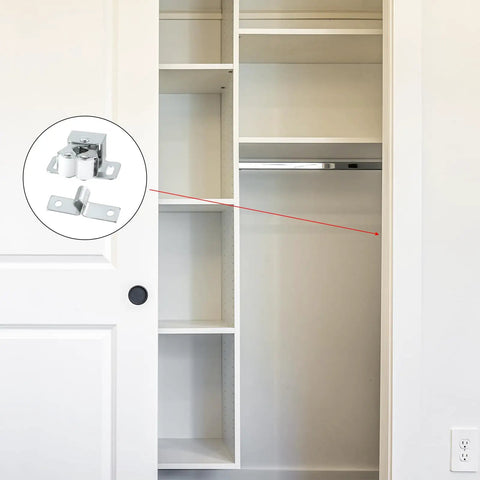 Smooth As Butter Stainless Steel Cabinet Latch Set With Double Roller Catch And Spear Strike Plate Including Mounting Screws for closet doors.