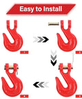 Installation steps for G80 Chain Hook Five Sixteenth Inch Clevis Grab Hooks Pack Of Four Heavy Duty Tow Chain Hooks in red.