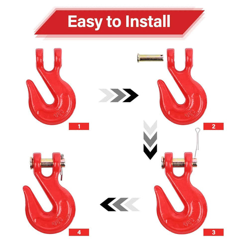 Installation steps for G80 Chain Hook Five Sixteenth Inch Clevis Grab Hooks Pack Of Four Heavy Duty Tow Chain Hooks in red.