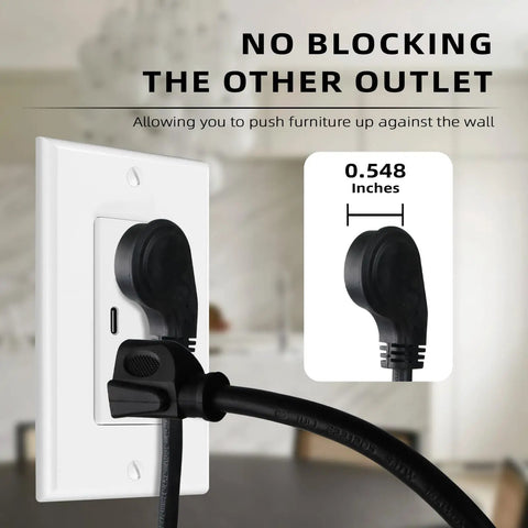 25 Ft Indoor Flat Plug Extension Cord With Low Profile 3 Prong Grounded Power Cable Black in wall outlet