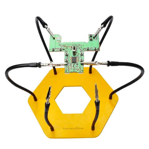 Top view of Heavy Duty Soldering Helping Hands Station with six flexible gooseneck arms and vise clips on sturdy steel base.