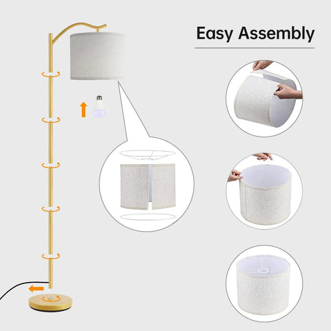 Arched LED Floor Lamp With Linen Shade And Double Layer Lampshade, easy assembly instructions, gold finish, E26 socket