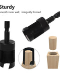 Heavy Duty Carbon Steel Wood Plug Cutter Drill Bit Set 8 Pack Hex Shank showing a round plug being cut from wood.