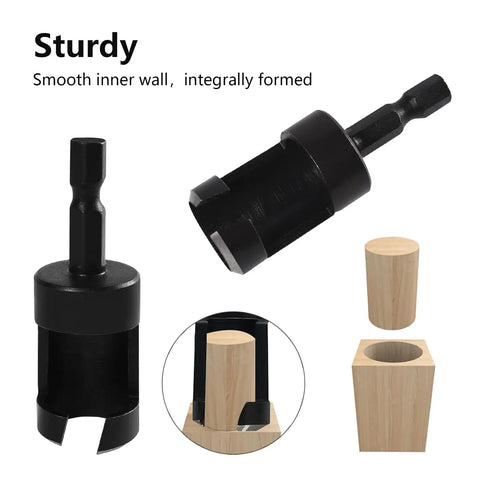 Heavy Duty Carbon Steel Wood Plug Cutter Drill Bit Set 8 Pack Hex Shank showing a round plug being cut from wood.