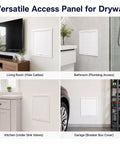 White Concealed Drywall Access Panel 29X32 With No Sweat Toolless Install For Quick Plumbing And Electrical Upkeep shown in various room settings.